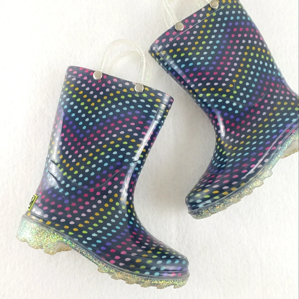 Western Chief Navy Blue Rainbow Polka Dot Light Up Rainboots Size 9